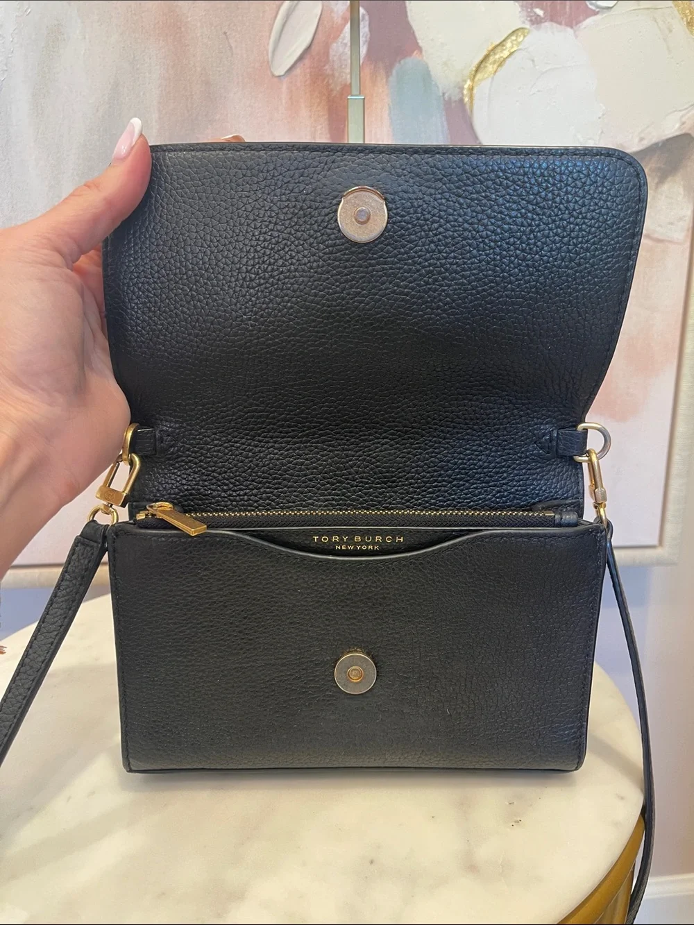 Tory Burch Black Pebbled Leather Crossbody with Gold Logo